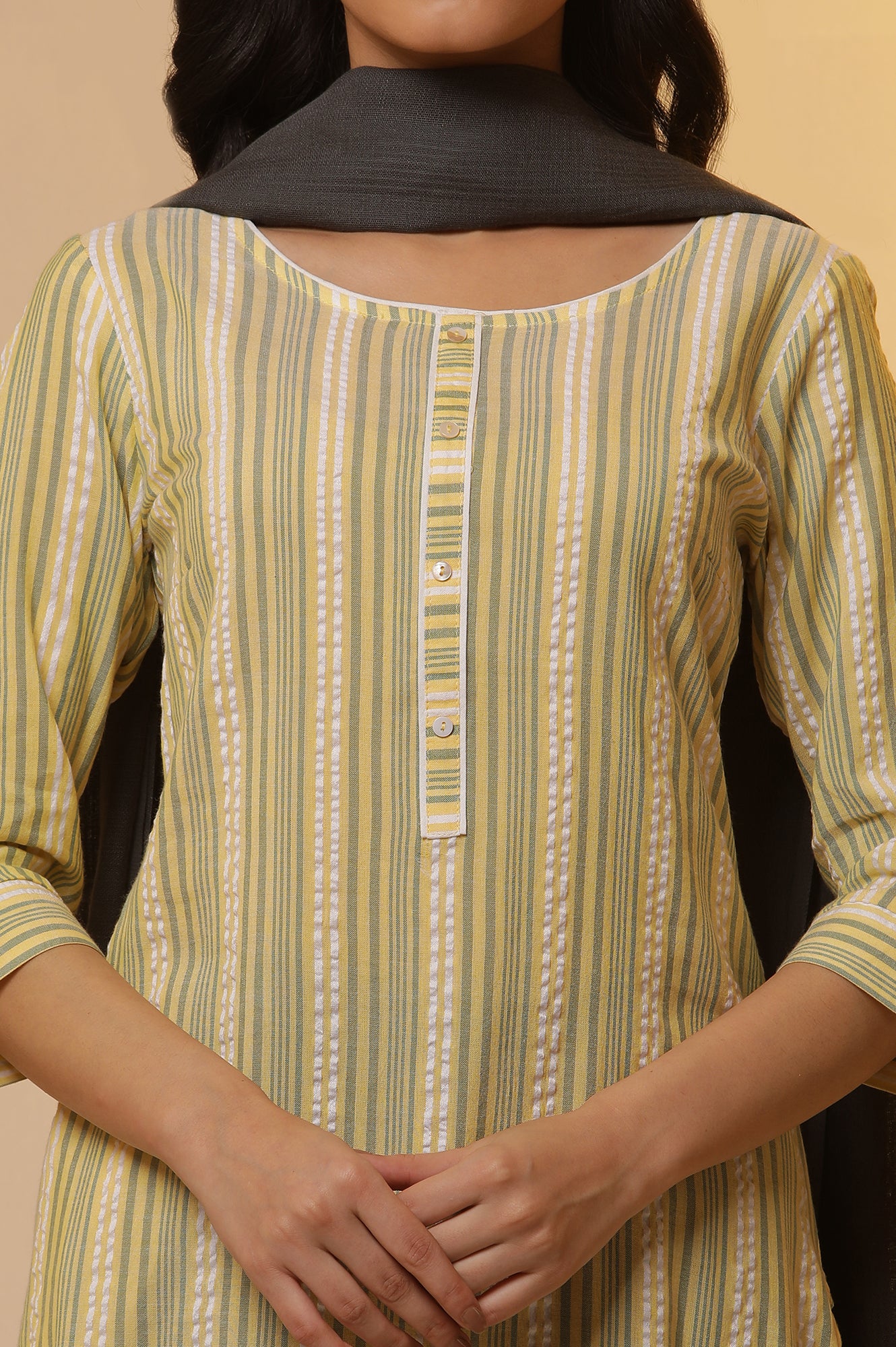 Yellow Striped Straight Kurta, Trousers and Dupatta Set - Image 6
