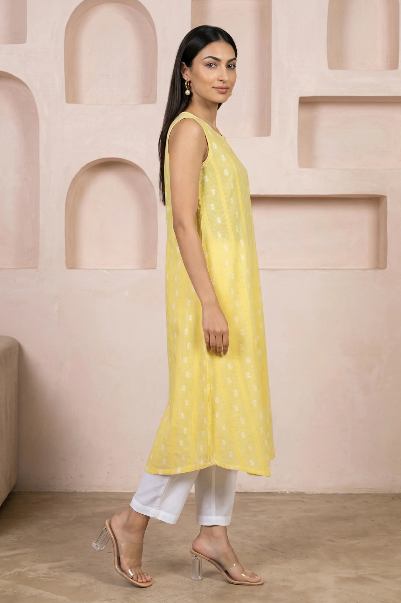 Yellow Textured Cotton Sleeveless Straight Kurta with Palazzos and Striped Dupatta Set - Image 6