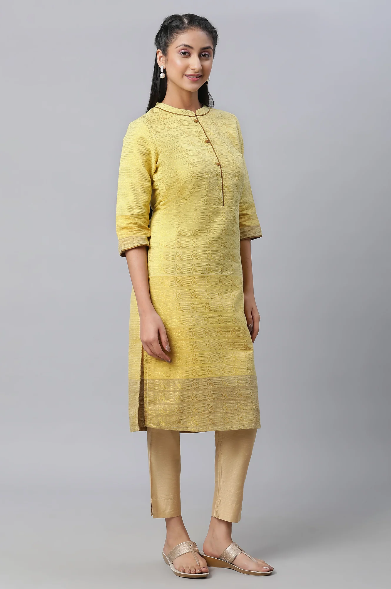 Yellow Tonal Zari Dobby Kurta - Image 3