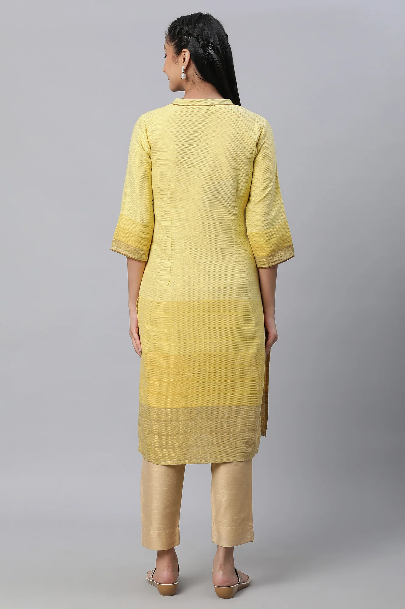 Yellow Tonal Zari Dobby Kurta - Image 4