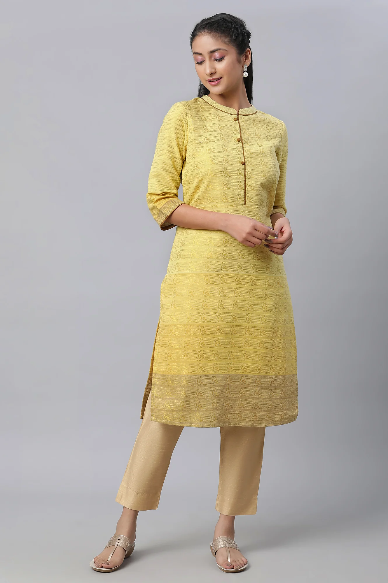 Yellow Tonal Zari Dobby Kurta - Image 5