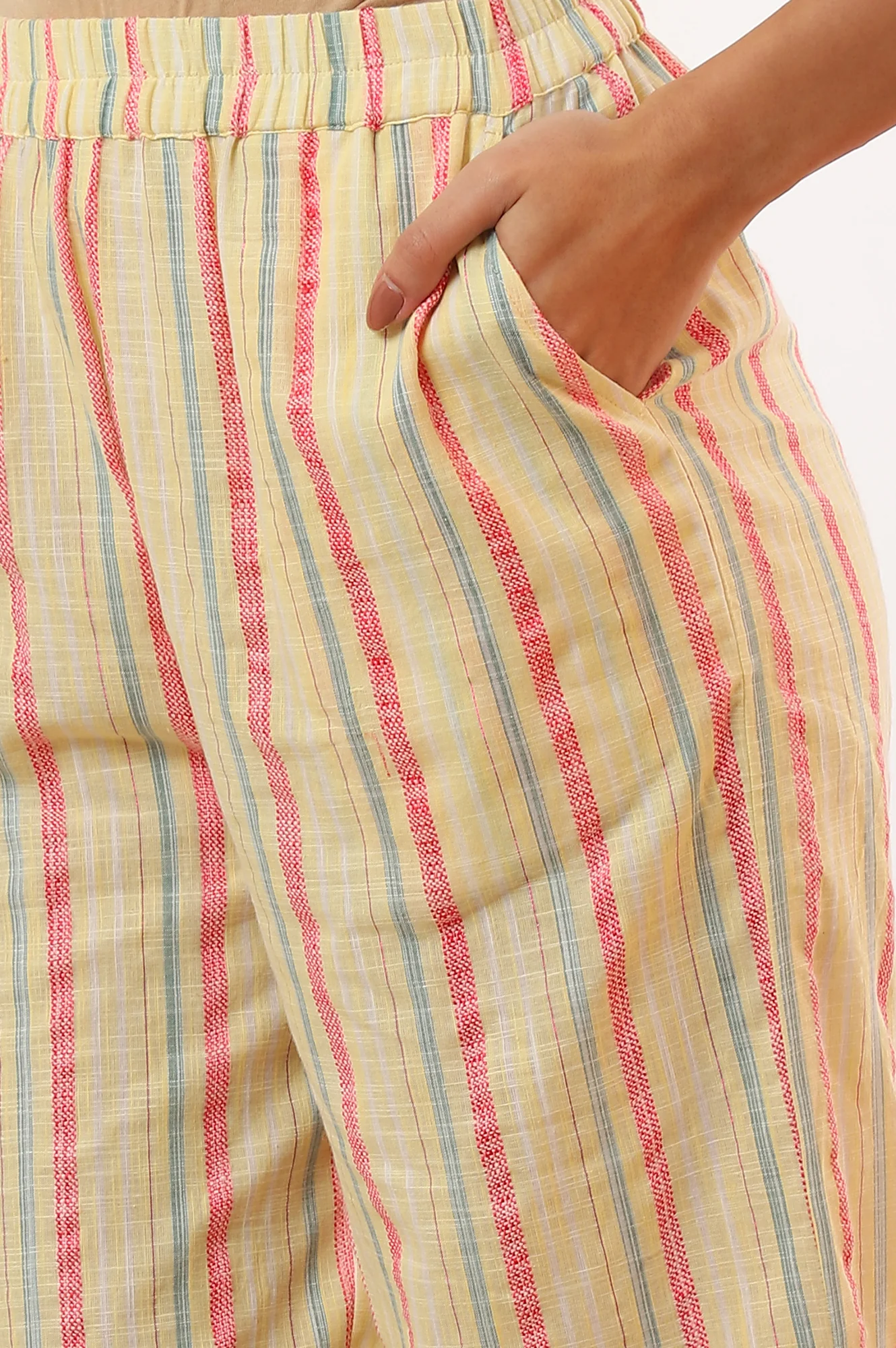 Yellow Yarn Dyed Cotton Blend Straight Kurta & Palazzo Set - Image 8