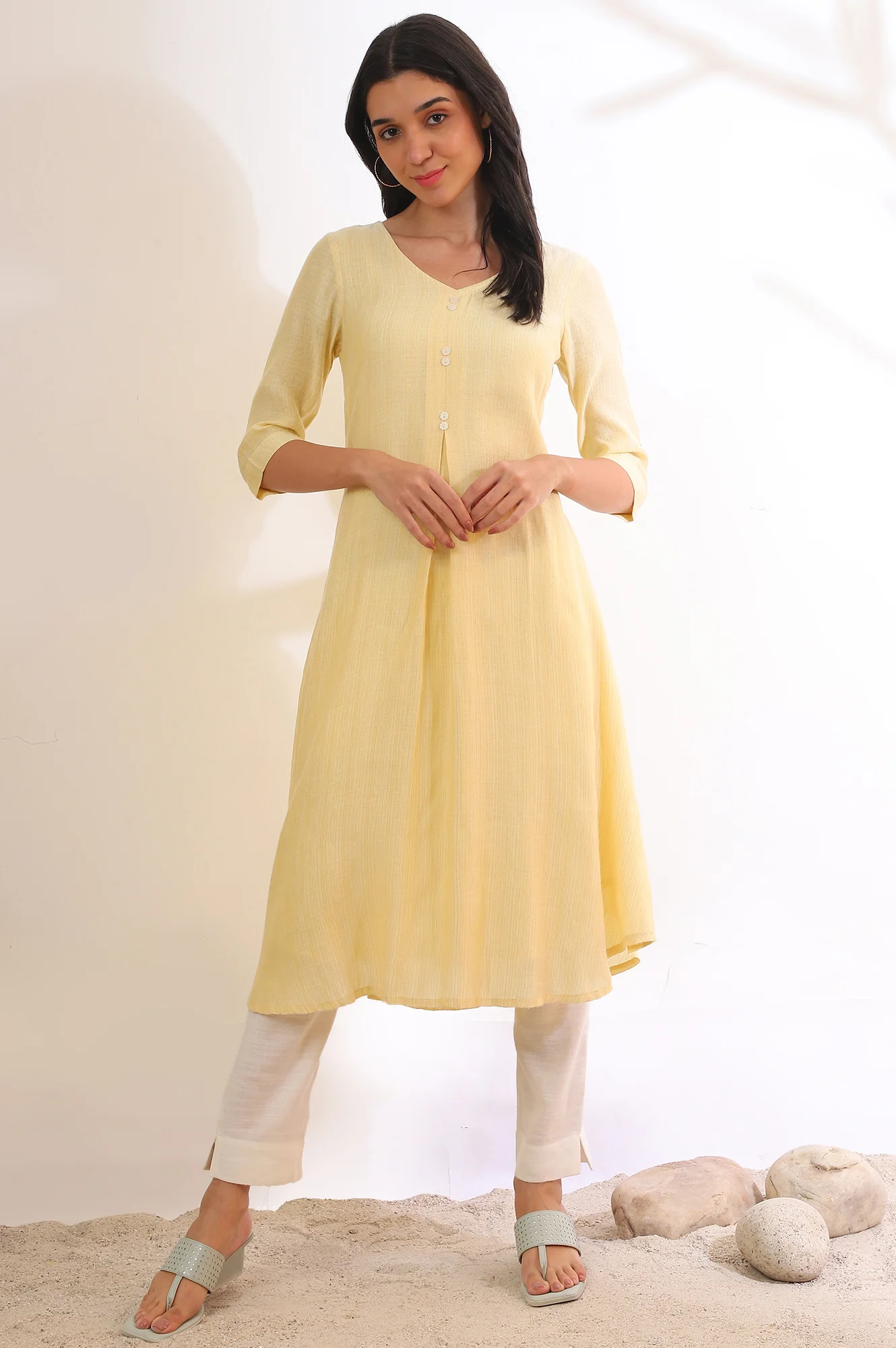 Yellow Yarn Dyed Flared Rayon Kurta - Image 2