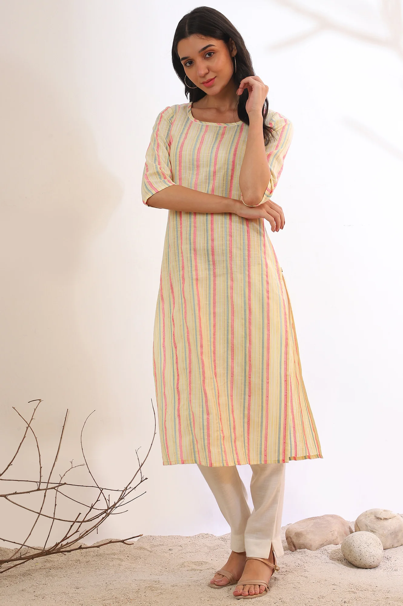 Yellow Yarn Dyed Straight Cotton Blend Kurta - Image 3
