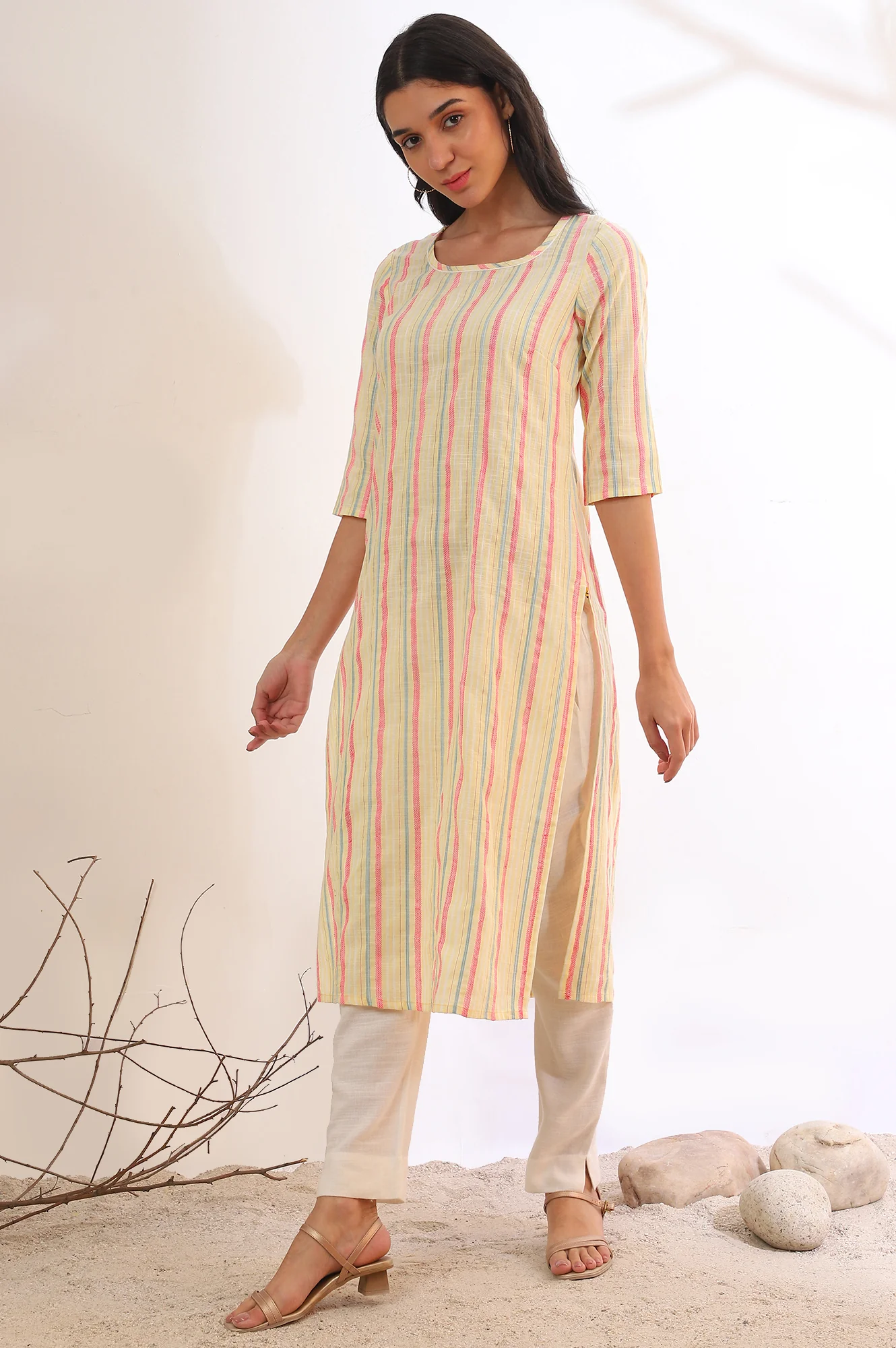 Yellow Yarn Dyed Straight Cotton Blend Kurta - Image 5