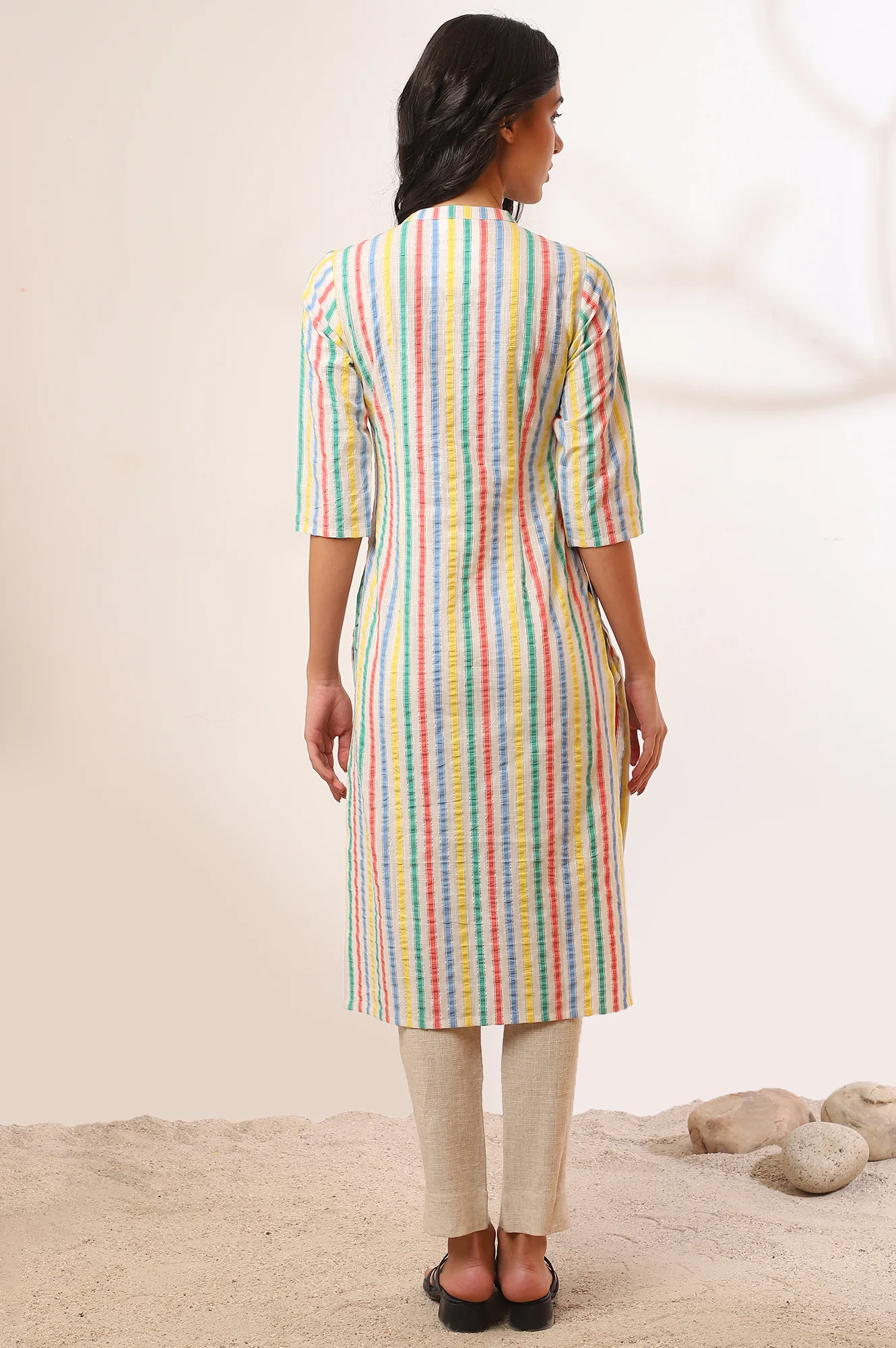 Yellow Yarn Dyed Straight Cotton Blend Kurta - Image 5