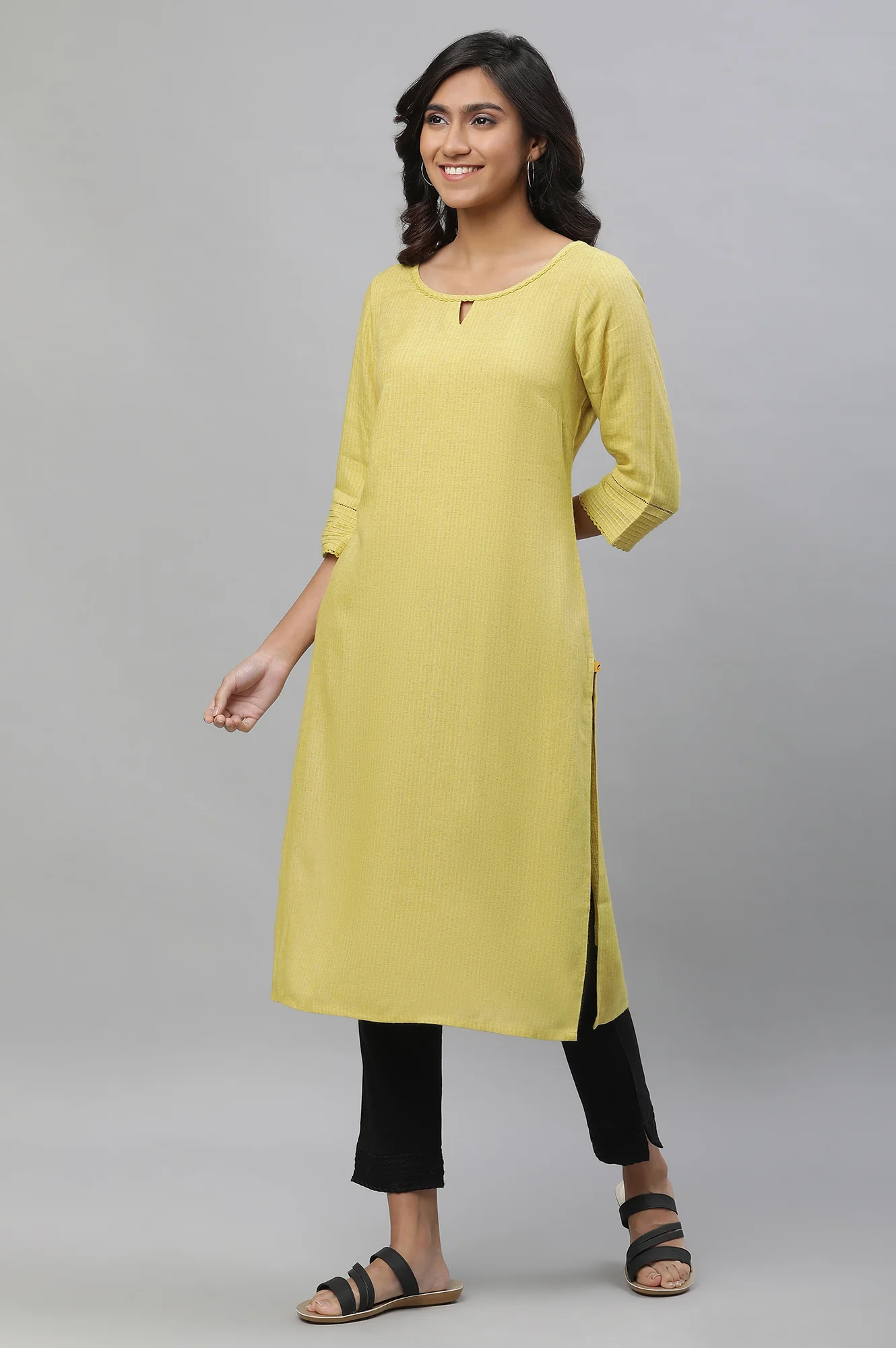 Yellow Yarn Dyed Straight Kurta - Image 3