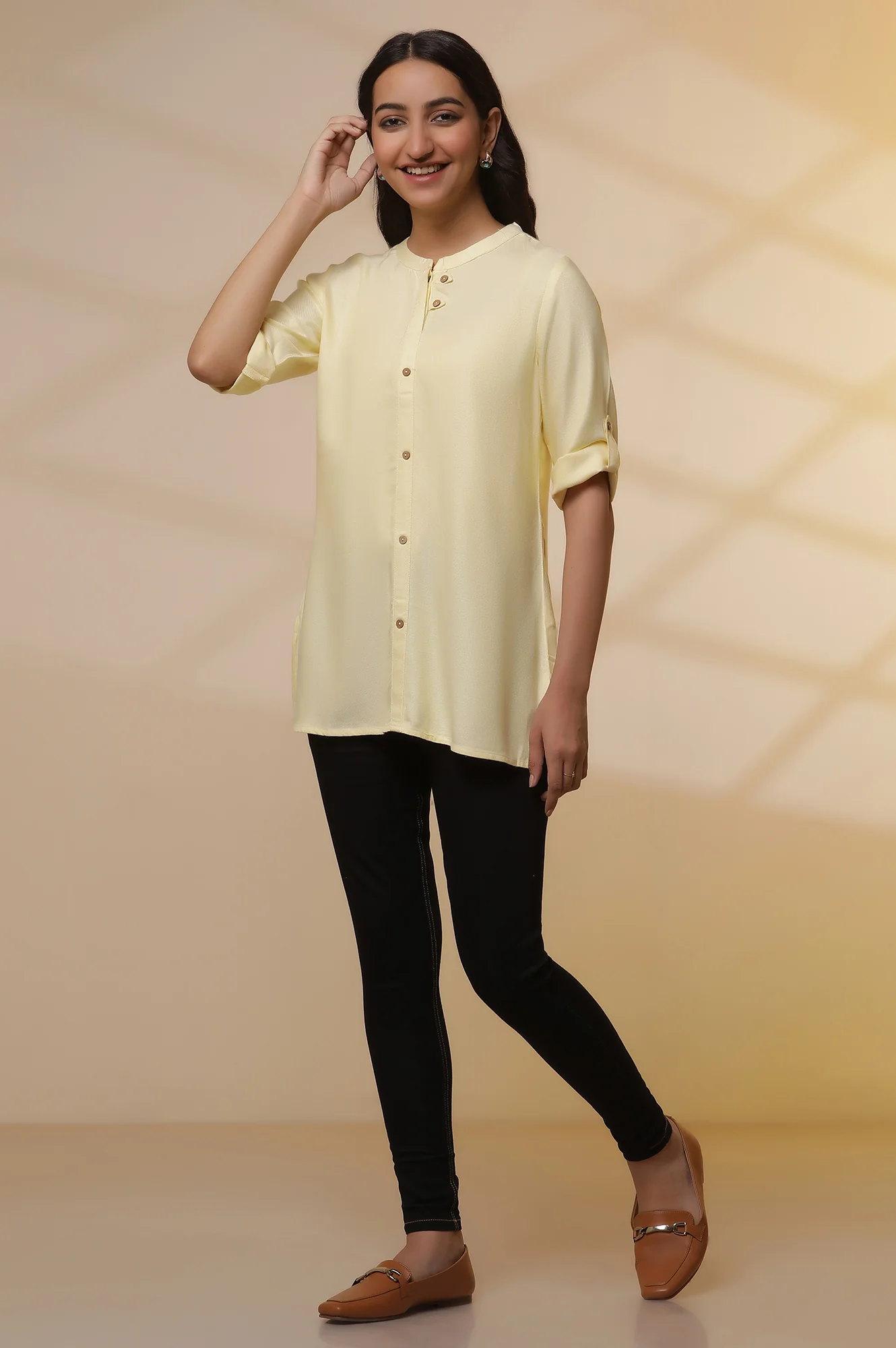 Yellow Yarn-Dyed Summer Top and Denim Jeggings Set - Image 3