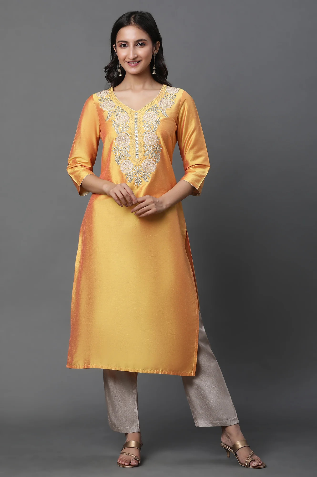 Yellow Zari Embroidered Straight Festive Kurta - Image 3
