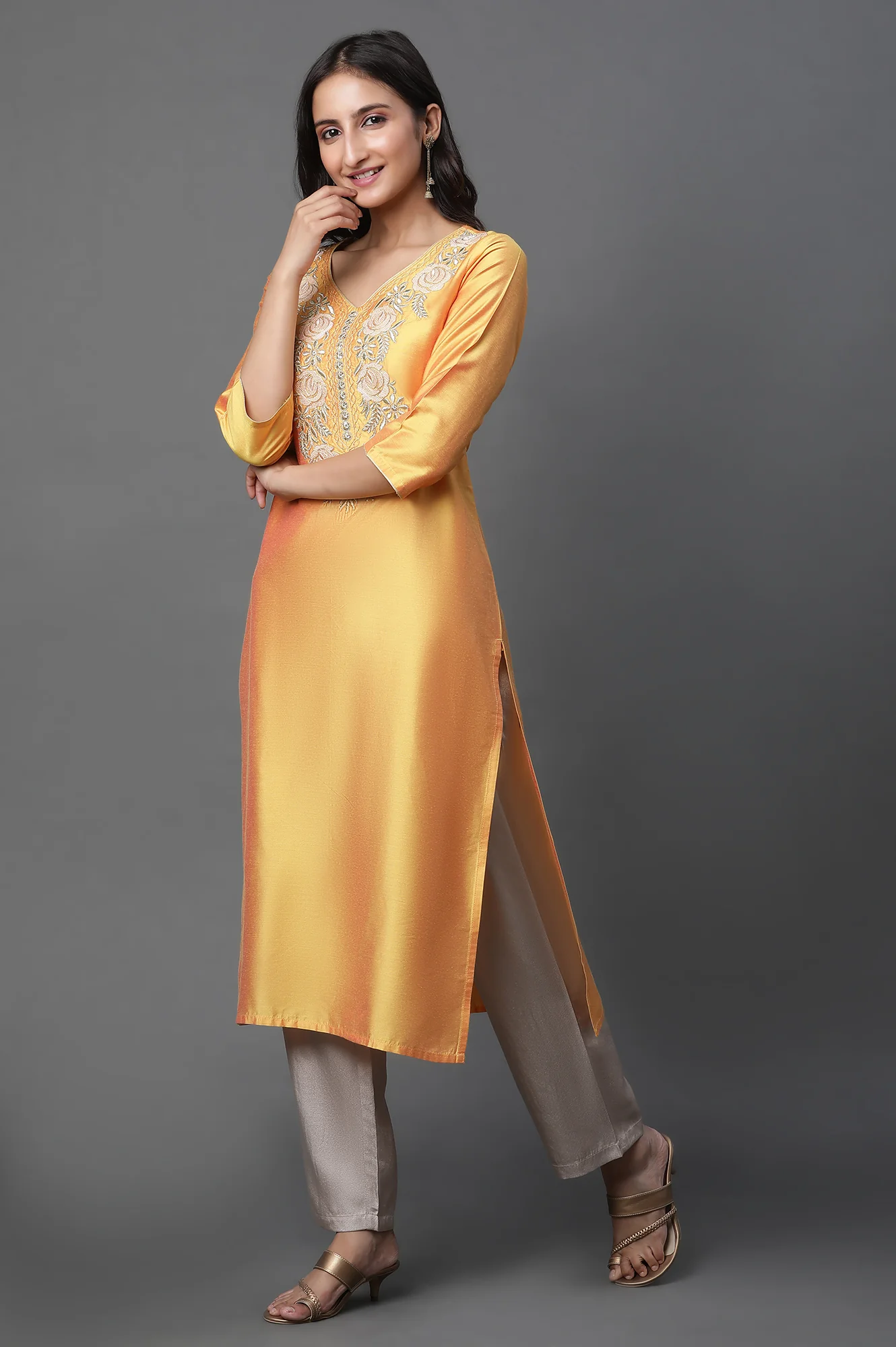 Yellow Zari Embroidered Straight Festive Kurta - Image 4