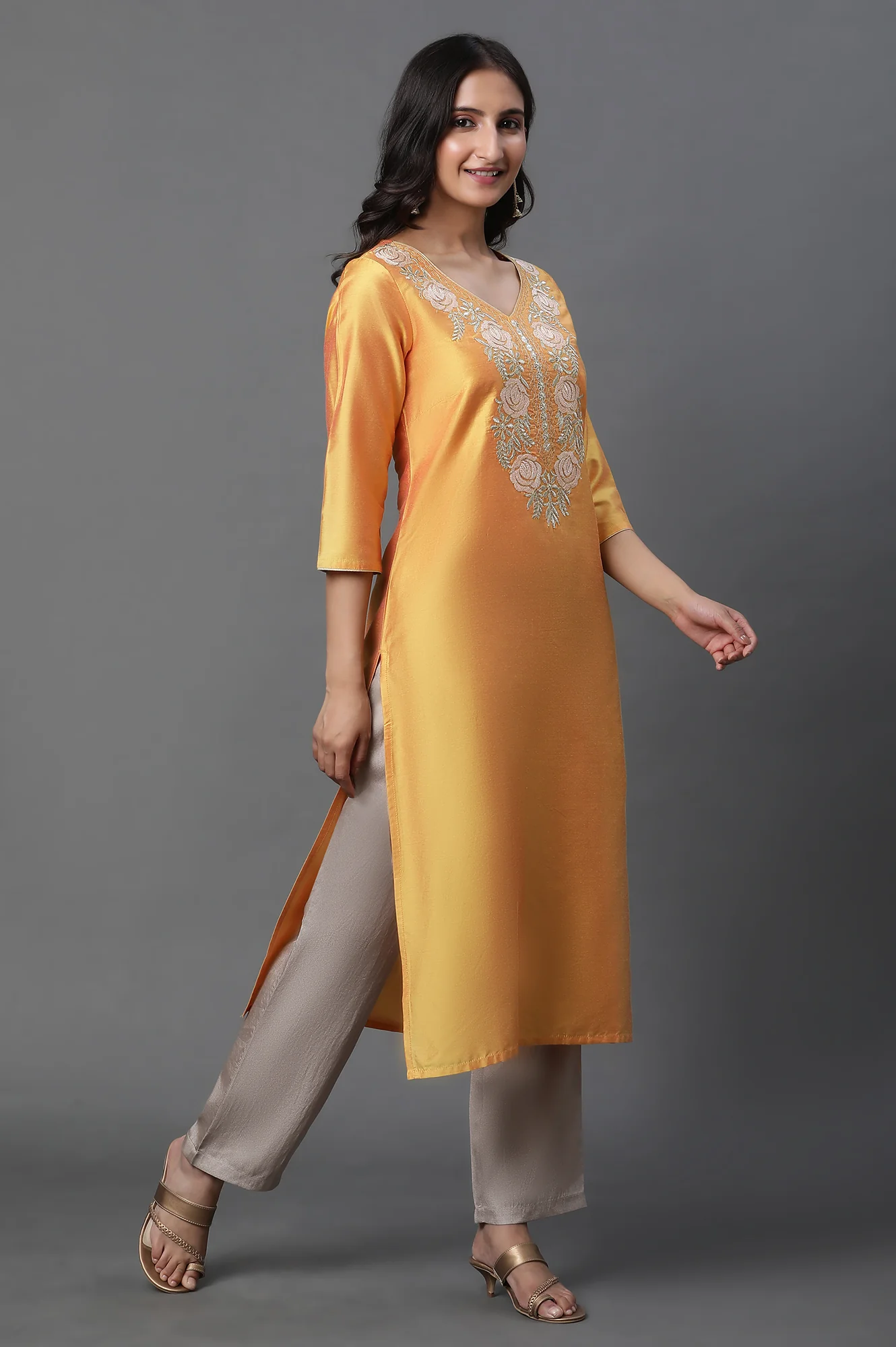 Yellow Zari Embroidered Straight Festive Kurta - Image 6