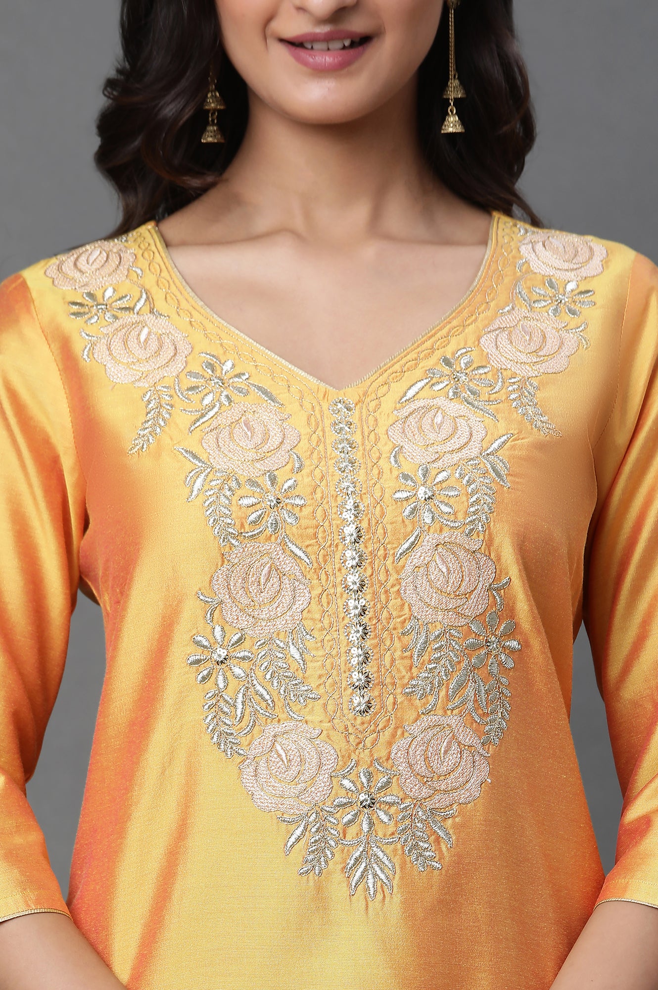 Yellow Zari Embroidered Straight Festive Kurta - Image 7